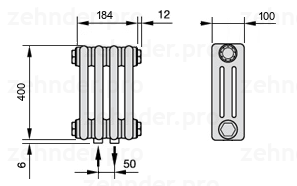 Схема (чертеж) Радиатор Zehnder Charleston 3040/4 №3470 Белый глянцевый RAL 9016